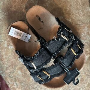 Roxoni Black Frayed Sandals with Gold Buckles